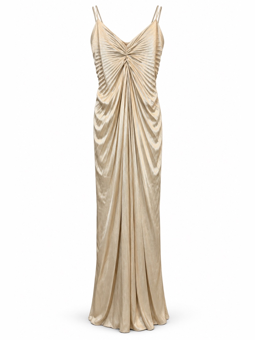 Majora Vintage Gold Shimmer Pleated Ruched Maxi Gown Large